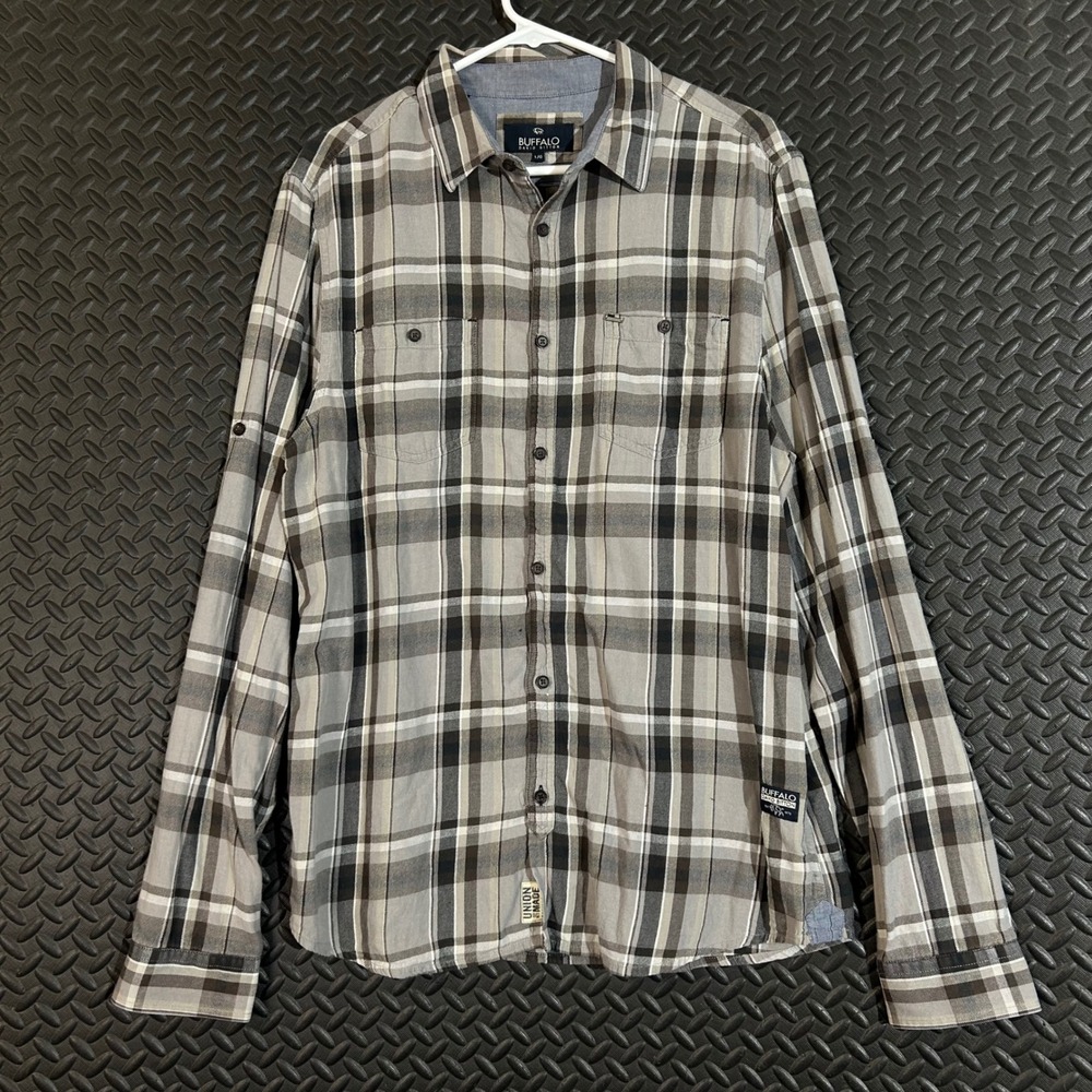 Buffalo Gray Black Flannel Plaid‎ Button Up Long Sleeve Shirt Men's Size Large
